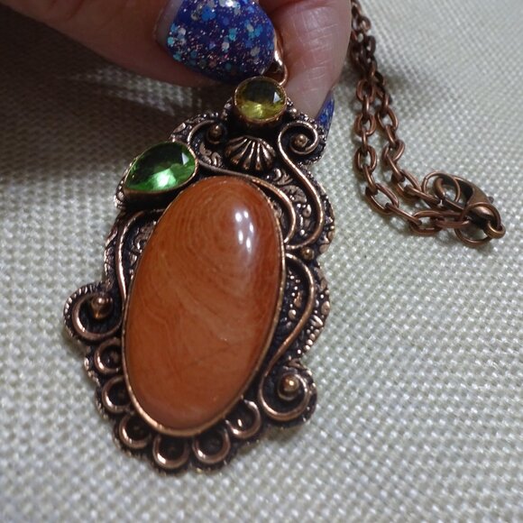 Rustic JASPER, PERIDOT & CITRINE Handmade COPPER Pendant/Chain #924B - Picture 3 of 3